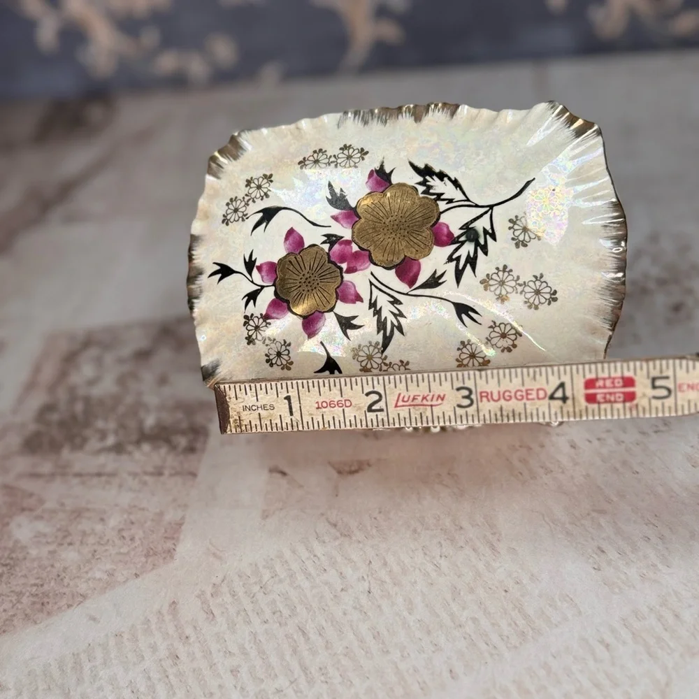 Vintage Japanese Hand-Painted Porcelain Trinket Box Floral Iridescent